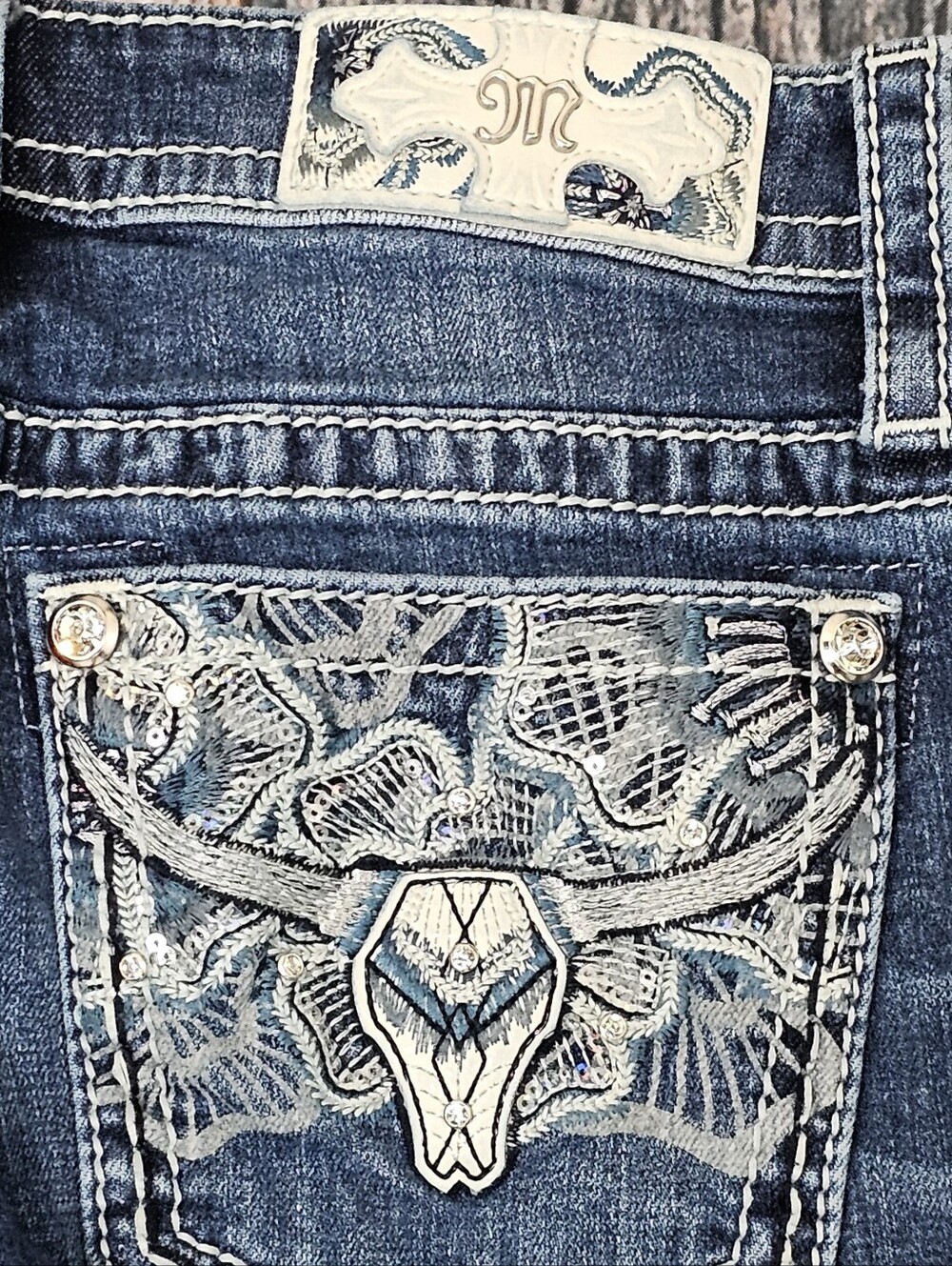 Miss Me Mid-Rise Boot Y2K Jeans Embellished Longhorn Pockets Western Size 28 - Picture 6 of 12